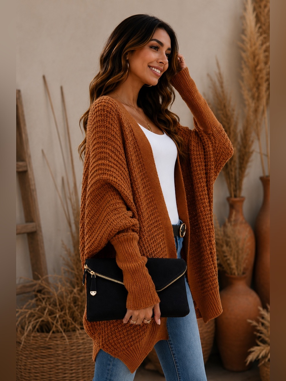 NWT - Caramel Women's Kimono Batwing Knitted Slouchy Oversized Cardigan Sweater - Picture 3 of 4